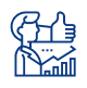Blue Line Icon Of A Person Giving A Thumbs Up With A Rising Bar Chart Behind Them